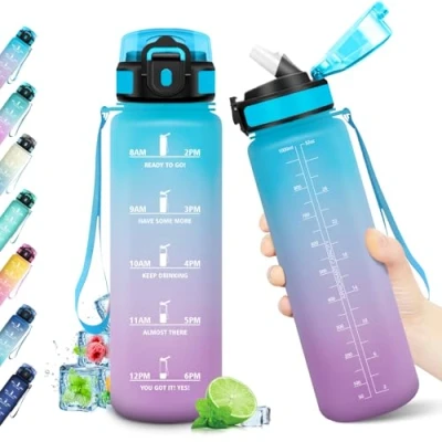 Abbildung von Wasserflasche 1L, Trinkflasche mit Strohhalm, Sport Auslaufsicher Zeitmarkierung, BPA frei, &amp; Kohlensäure Geeignet, Ideal für Outdoor, Fitness, Schule, Büro, Erwachsene, Fahrrad