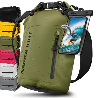 Abbildung von Nordlight Dry Bag wasserdichte Tasche mit Handyhülle + Roll Top, Schultergurt Drybag wasserfester Rucksack Beutel Packsack Seesack Wassersack Wetbag Baden Schwimmen Strand SUP Olivgrün, 20 Liter