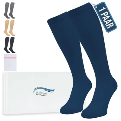 Abbildung von 360 Relief Kompressionsstrümpfe Damen und Herren 1 Paar Kompressionssocken Einfarbig für Sport, Laufen, Flug, Reise, Joggen, Radsport, Kniestrümpfe, XXL Blau mit Wäschenetz