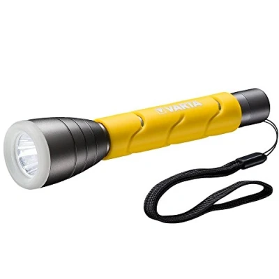 Abbildung von VARTA Taschenlampe LED inkl. 2x AA Batterien, Outdoor Sports F20, Leuchte, Lampe mit zwei Leuchtmodi, Taschenleuchte gummiertem Griff, sehr robust, gelb