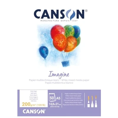 Abbildung von CANSON Imagine, Mixed Media Papier, leichte Körnung, 200 g/m², an der kurzen Seite geleimter Block, DIN A5, 14,8 x 21 cm, Naturweiß, 50 Blatt