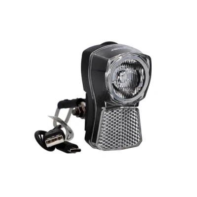 Abbildung von FISCHER Fahrrad LED Frontlicht 45/20 Lux, mit Akku und USB Ladefunktion, Dynamo Look, Spritzwasserschutz nach IP44, StVZO zugelassen, Schwarz