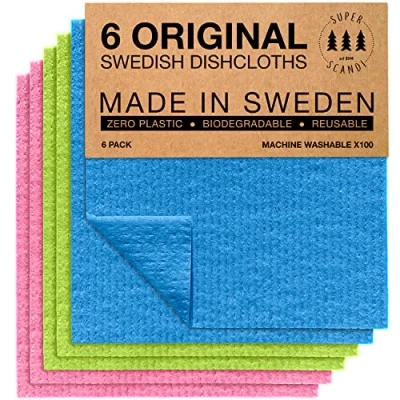Abbildung von SUPERSCANDI Schweden Geschirrtücher, umweltfreundlich, wiederverwendbar, nachhaltig, biologisch abbaubar, Zellstoff Schwamm, Ersatz Reinigungstücher 6 Stück
