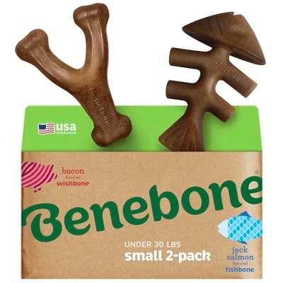 Abbildung von Benebone 2 Pack Indestructible Fishbone/Wishbone Dog Chew Toys, Long Lasting Tough Boredom Breaker For Dogs, Real Salmon and Bacon Flavour, Small Made in USA