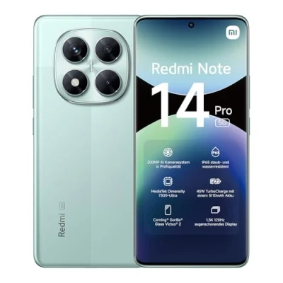 Abbildung von Xiaomi Redmi Note 14 Pro 5G Smartphone, 12 + 512GB, Green, 200MP professionelle AI Kamera, IP68, 45W TurboCharge mit 5110mAh Akku, Funktionen (kein Ladegerät enthalten)