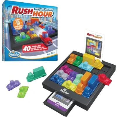Abbildung von ThinkFun 76629 Rush Hour Das geniale Stauspiel Logikspiel, Spiel ab 8 Jahren für Kinder und Erwachsene, Inklusive 10 zusätzlicher Aufgaben, Amazon Sonderedition, Monochrom