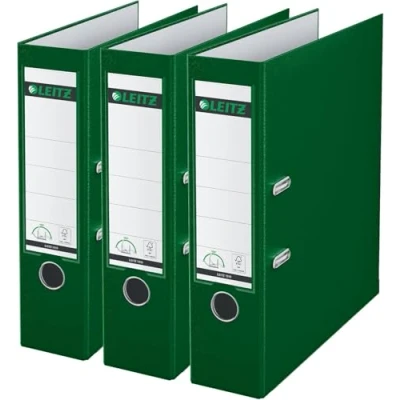Abbildung von Leitz Qualitäts Ordner 180 Plastik, 3er Pack, das Original, DIN A4 Aktenordner 5 cm schmal, 90% Recycling Karton, 30% Pre Consumer Kunststoff, Mit Mechanik, 350 Blatt, Grün, 310345055