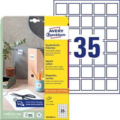 Abbildung von AVERY Zweckform 6251REV 10 Quadratische Etiketten (350 Klebeetiketten, 35x35mm auf A4, QR Code Aufkleber zum Bedrucken, wieder rückstandsfrei ablösbar, selbstklebende Etiketten) Blatt, weiß