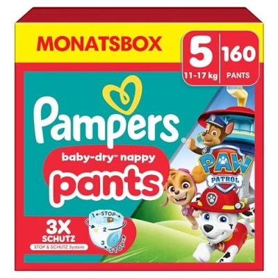 Abbildung von Pampers Windeln Paw Patrol Pants Größe 5 (12 17kg) Baby Dry, Junior mit Stop und Schutz Täschchen, MONATSBOX, 160 Höschenwindeln