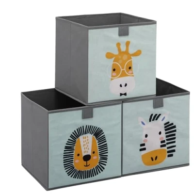 Abbildung von Navaris Kinder Aufbewahrungsbox 3er Set Regal Aufbewahrung 28 x cm Spielzeugkiste 3x Spielzeug Box faltbar für Kinderzimmer Tier Motiv Kisten mit Griff Toy