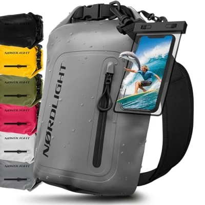 Abbildung von Nordlight Dry Bag wasserdichte Tasche mit Handyhülle + Roll Top, Schultergurt Drybag wasserfester Rucksack Beutel Packsack Seesack Wassersack Wetbag Baden Schwimmen Strand SUP Grau, 10 Liter