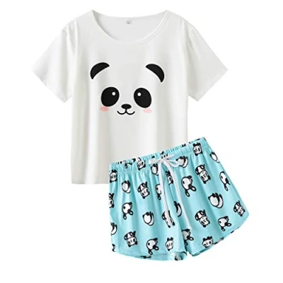 Abbildung von MyFav Damen Schlafanzug Pyjama Set Weiche Kurzarm Sommer Süße Cartoon Homewear, Panda, Small