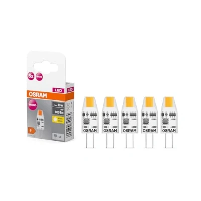 Abbildung von OSRAM LED BASE PIN MICRO, Vorteilspack mit 5 Niedervolt Leuchtmittel, ersetzt herkömmliche 10W Speziallampen, warmweiß (2700K), 1W, G4 Sockel, mattes Glas, nicht dimmbar, ultrakompakt