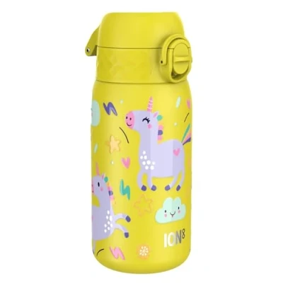 Abbildung von ion8 Kinder Trinkflasche Edelstahl Leicht 400ml Nicht Isoliert Auslaufsicher Einhandöffnung Sichere Verriegelung Spülmaschinenfest Klappdeckel zu Reinigen, Gelb Einhorn