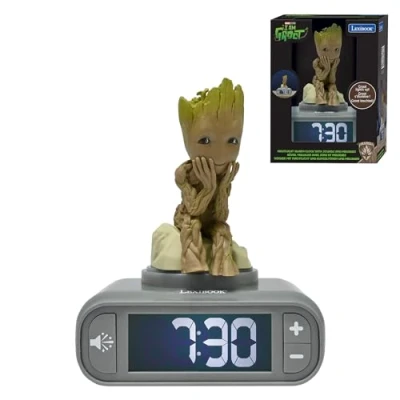 Abbildung von Lexibook, Marvel Guardians of the Galaxy, Groot Nachtlicht Wecker, Töne und Melodien, hintergrundbeleuchteter LCD Bildschirm, beleuchtet, Schlummerfunktion, grau/braun, RL800GG
