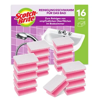 Abbildung von Scotch Brite Reinigungsschwamm für das Bad, 16 Stück pro Packung zum Reinigen von empfindlichen Oberflächen im Badezimmer, Weiss