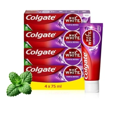 Abbildung von Colgate Zahnpasta Max White Purple Reveal 4x75ml mit optischer Farbkorrektur Technologie Zahncreme für sofort sichtbare weißere Zähne*
