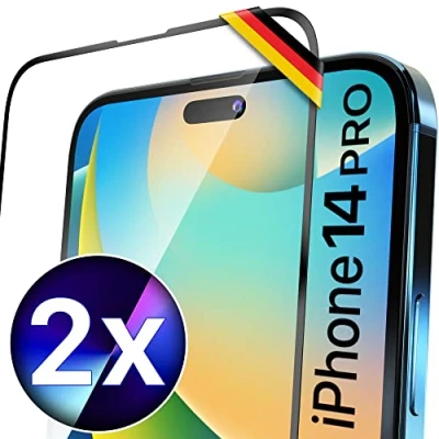 Abbildung von UTECTION 2X Full Screen Schutzglas für iPhone 14 PRO Perfekte Passform vom Deutschen Anbieter Kinderleichte Anbringung &gt; Keine Blasenbildung, ultimative Glashärte Langzeitschutz