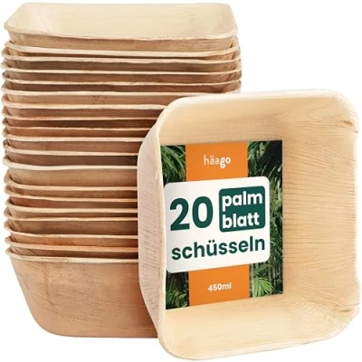 Abbildung von HAAGO Palmblattschalen Kompostierbar &amp; Einweg Umweltfreundliches Picknick Outdoor Einweggeschirr Palmblatt Gefrierschrank Mikrowellenfest Schalen (Quadratisch / 450 ml, 20)