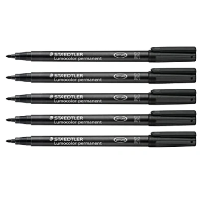 Abbildung von Staedtler Folienstift Lumocolor permanent, wisch und wasserfest auf fast allen Flächen, Linienbreite M 1 mm, nachfüllbar, lange Lebensdauer, 5 schwarze Universalstifte, 317 9X