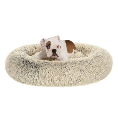 Abbildung von Feandrea Hundebett flauschig, Katzenbett, Donut Kissen, waschbar, Polsterung in der Mitte herausnehmbar, Langer Plüsch, 90 cm Durchmesser, Ombré Khaki PGW041S01