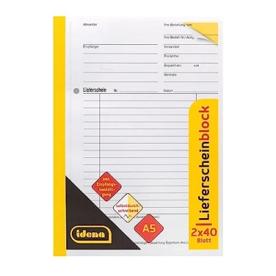 Abbildung von Idena 10847 Lieferscheinbuch, DIN A5, selbstdurchschreibend, 2 x 40 Blatt, inkl. Empfangsbestätigung