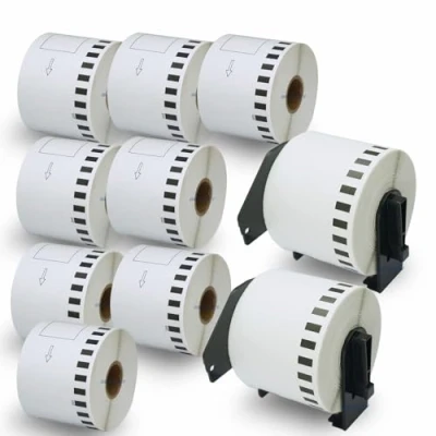 Abbildung von BETCKEY 10 Rollen DK 22205 Endlosetiketten (Papier) Kompatibel mit Brother, 62mm x 30.48m, Etiketten für Brother QL Etikettendrucker (2 Wiederverwendbare Etikettenhalter)