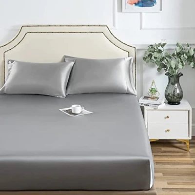 Abbildung von Damier Satin Spannbettlaken 200x200cm Grau Seide Glänzend Spannbetttuch Hochwertiges Deluxe Bettlaken, geeignet für Matratzen bis 25cm