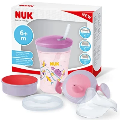 Abbildung von NUK 3 in 1 Trinklernset mit Trainer Cup Schnabeltasse (6+ Monate), Magic 360 Trinklernbecher (8+ M) &amp; Action Trinkflasche Kinder (12+ 230 ml BPA frei lila Krabbe