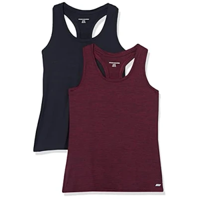 Abbildung von Amazon Essentials Damen Active Quick Dry Tech Stretch Racerback Tanktop (in Übergröße erhältlich), 2er Pack, Burgunderrot Space dye/Schwarz, S