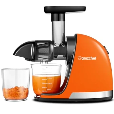 Abbildung von AMZCHEF Entsafter Gemüse und Obst Testsieger Slow Juicer mit Rückwärts Kau Funktion Zartes Zerkleinern ohne Filtern Saftpresse Elektrisch Bürste 2 Tassen Orange
