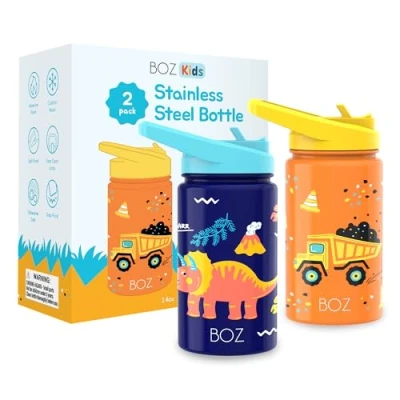 Abbildung von BOZ Kinder Trinkflasche Schule Junge Kohlensäure Geeignet Auslaufsichere Edelstahl 400 ml (Konstruktion/Dinosaurier)
