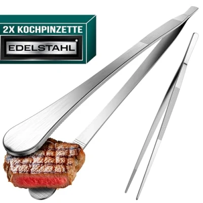 Abbildung von 4happy Kochpinzette 2 Stück Edelstahl Set, runde Grillpinzette zum Kochen und Braten + spitze Küchenpinzette Dekorieren, Pinzette Küche 30 cm