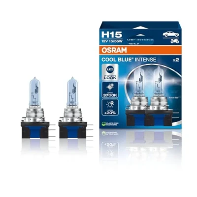 Abbildung von Osram COOL BLUE® INTENSE H15, 20% mehr Helligkeit, bis zu 3700K, Halogen Scheinwerferlampe, LED Look, Duo Box (2 Lampen), 64176CBN HCB [Energieklasse A]