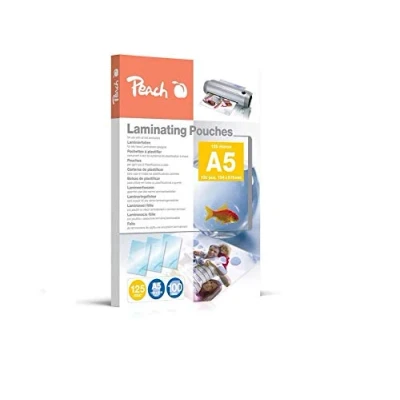 Abbildung von Peach Laminierfolien A5 125 mic 100 pouches glänzend Premiumqualität für beste Laminierergebnisse kompatibel mit Geräten aller Markenhersteller PP525 03