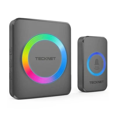 Abbildung von TECKNET Funkklingel, Kabellose Türklingel Funk Set 600m Reichweite, IP65 Aussen Wasserdicht Haustür Klingel Mit 1 Plug In Empfänger und Sender, Ring doorbell Klingelknopf LED Blitz