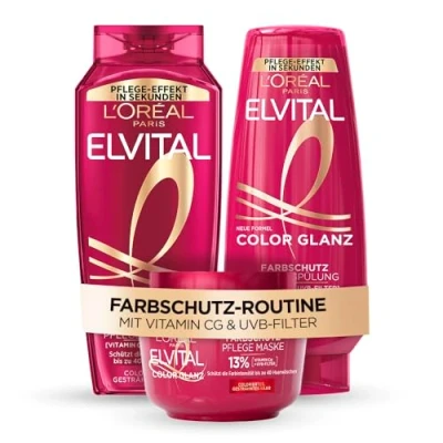 Abbildung von L&#039;Oréal Paris Elvital Germany&#039;s Next Topmodel Haarpflege Routine für coloriertes und gesträhntes Haar: Color Glanz Farbschutz Set mit Shampoo 300ml, Spülung 250ml Pflegemaske 300ml
