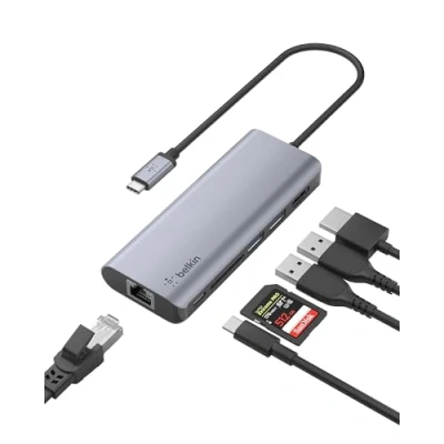 Abbildung von Belkin USB C Hub, 6 in 1 MultiPort Adapter Dock mit 4K HDMI, und 100 W zum Laden (Passthrough), 2x USB A, Gigabit Ethernet SD Steckplatz für Geräte wie Macbook Pro, Air, iPad Pro XPS