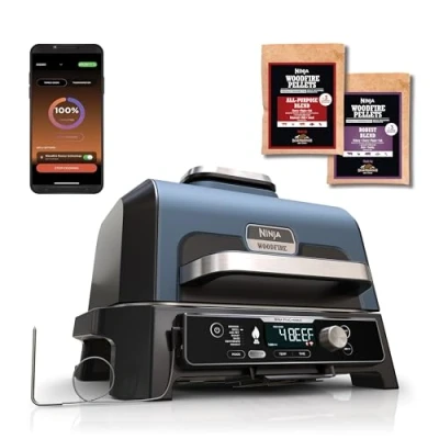 Abbildung von Ninja Woodfire Pro Connect XL Elektrischer BBQ Smoker Grill, App Steuerung, digitaler Temperaturfühler, 7 in 1 Outdoor Grill elektrisch &amp; Air Fryer mit Pellets, wetterfest, Schwarz OG901EU