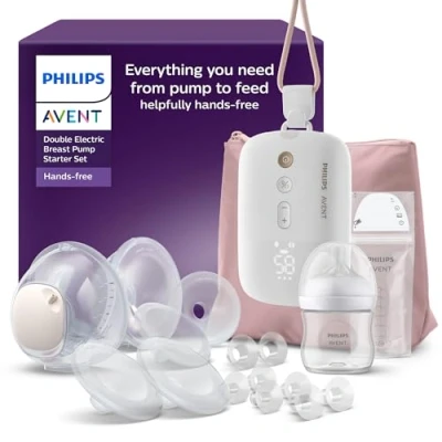 Abbildung von Philips Avent Hands Free Milchpumpen Starter Set, Motor in Krankenhausqualität, spiegelt den Trinkrhythmus des Babys wider, bis zu 85 Pumpbewegungen pro Minute, Modell SCD553/11