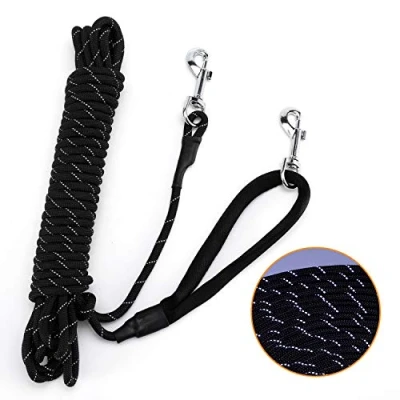 Abbildung von PETTOM Reflektierend Schleppleine für Hunde, 5m/10m/15m Seil Hundeleine Trainingsleine mit Handschlaufe &amp; 2 Karabinerhaken, Langes Ausbildungsleine kleine, mittelgroße Hunde (Schwarz, L (15m))