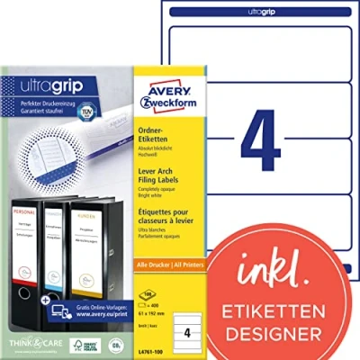 Abbildung von AVERY Zweckform L4761 100 Ordnerrücken Etiketten (400 Rückenschilder mit ultragrip, 61x192mm auf A4, breit/kurz, selbstklebend, absolut blickdicht, bedruckbare Ordneretiketten) Blatt, weiß