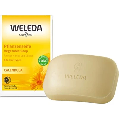 Abbildung von WELEDA Bio Calendula Handseife / Körperseife natürliche Naturkosmetik Pflanzenseife Naturseife mit Kokosöl &amp; Olivenöl zur Reinigung sensibler Haut vegan, nachhaltig aromatischer Duft (1x100g)