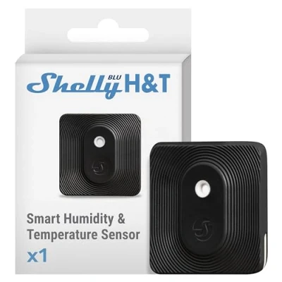 Abbildung von Shelly Blu H&amp;T Schwarz Bluetooth gesteuerter Temperatur und Luftfeuchtigkeitssensor Spritzwassergeschützter Staubdichter Schutzklasse IP54 iOS Android App Verschlüsselung
