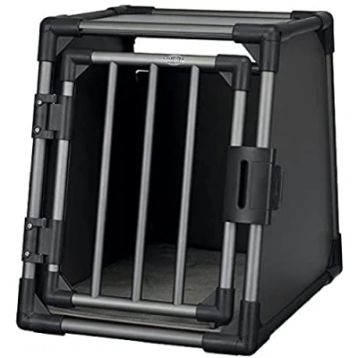 Abbildung von TRIXIE Hunde Transportbox, Aluminium, S: 48 x 56 61 cm, grafit, inklusive rutschfester Liegematte, extra stabil, sicher, geräuscharm, Klettleisten am Boden, Sicherheitsverschluss 39335