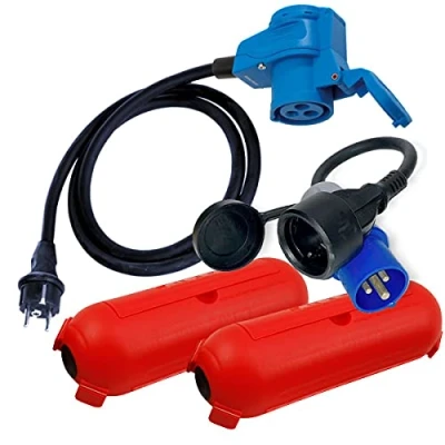 Abbildung von IntuiFlex CEE Adapter Schuko Kabel Stecker Winkelkupplung mit Steckdose u. Schutzbox Set Camping Zubehör Boot Wohnmobil Wohnwagen Garten H07RN F 3x2,5mm² 230V 16A Strom 230