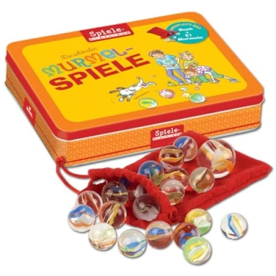 Abbildung von Moses 23405686 Die schönsten Murmelspiele im Set Spiele Klassiker in der Metalldose Mit Buch und 21 Glasmurmeln Säckchen: bunte Spielanleitungen
