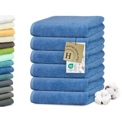 Abbildung von ZOLLNER 6er Set Handtücher in 50x100 cm besonders weiche und saugstarke Gästehandtücher blau mit praktischem Aufhänger waschbar bis 95C Baumwolle Hotelqualität