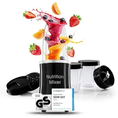 Abbildung von GOURMETmaxx Nutrition Mixer Smoothie Maker mit XXL Zubehörset Standmixer 11 tlg. Blender Rezepten, To go &amp; Frischhaltedeckeln Food Processor für Smoothies, Shakes Co.