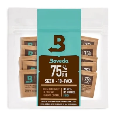Abbildung von Boveda für Zigarren/Tabak 2 Wege Feuchtigkeitsregulierung mit 75 % relativer Feuchtigkeit Größe 8 schützt bis zu 5 Zigarren patentierte Technologie Humidore wiederverschließbare Verpackung 10 Stück